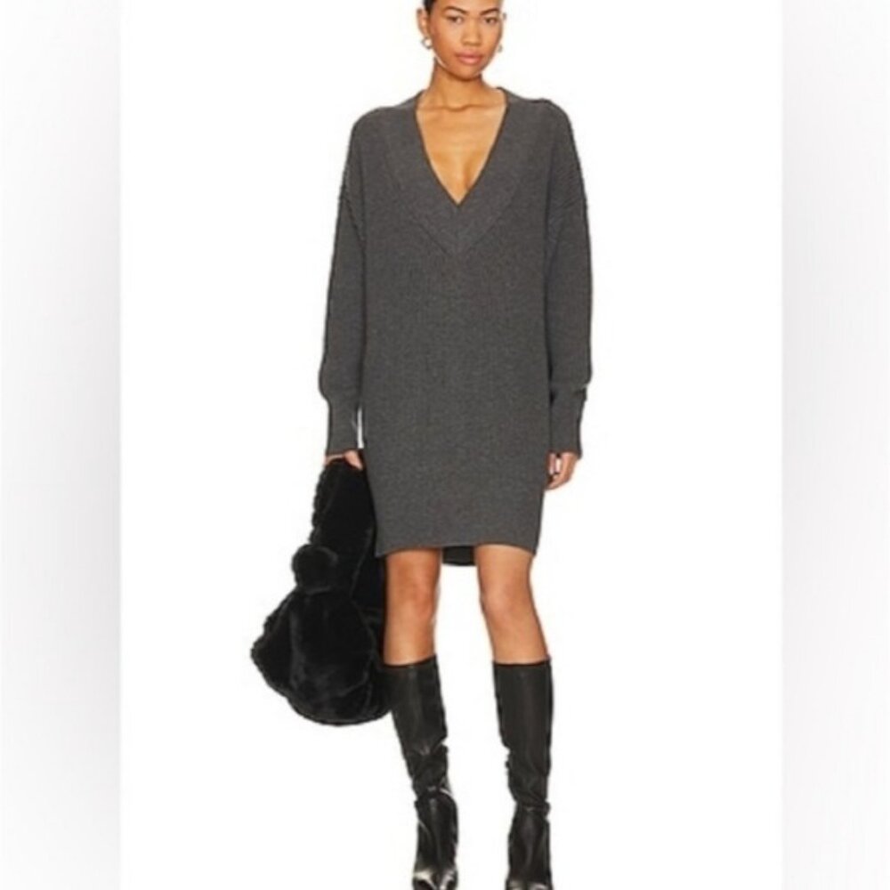 525 America Revolve V-Neck Chunky Knit Sweater Dress Tunic Size XS New Gray